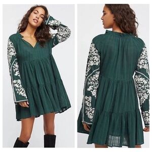 FREE PEOPLE Emerald City Embroidered Tiered long sleeve dress